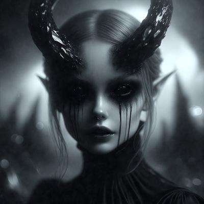 The primary subject of the image is a woman with horns and a black dress. She is wearing a black shirt and has a black dress. The setting is a dark room, and the visual style is a black and white photo. The colors and mood of the image are dark and mysterious.